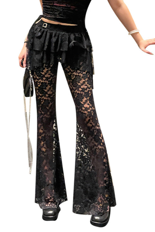 Black lace pants worn by a person on a white background