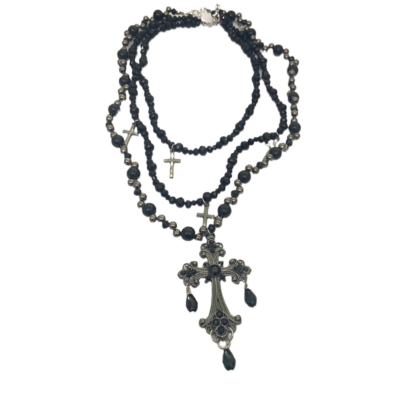 Black Beaded Gothic Cross Rosary Layered Necklace, 6170cm