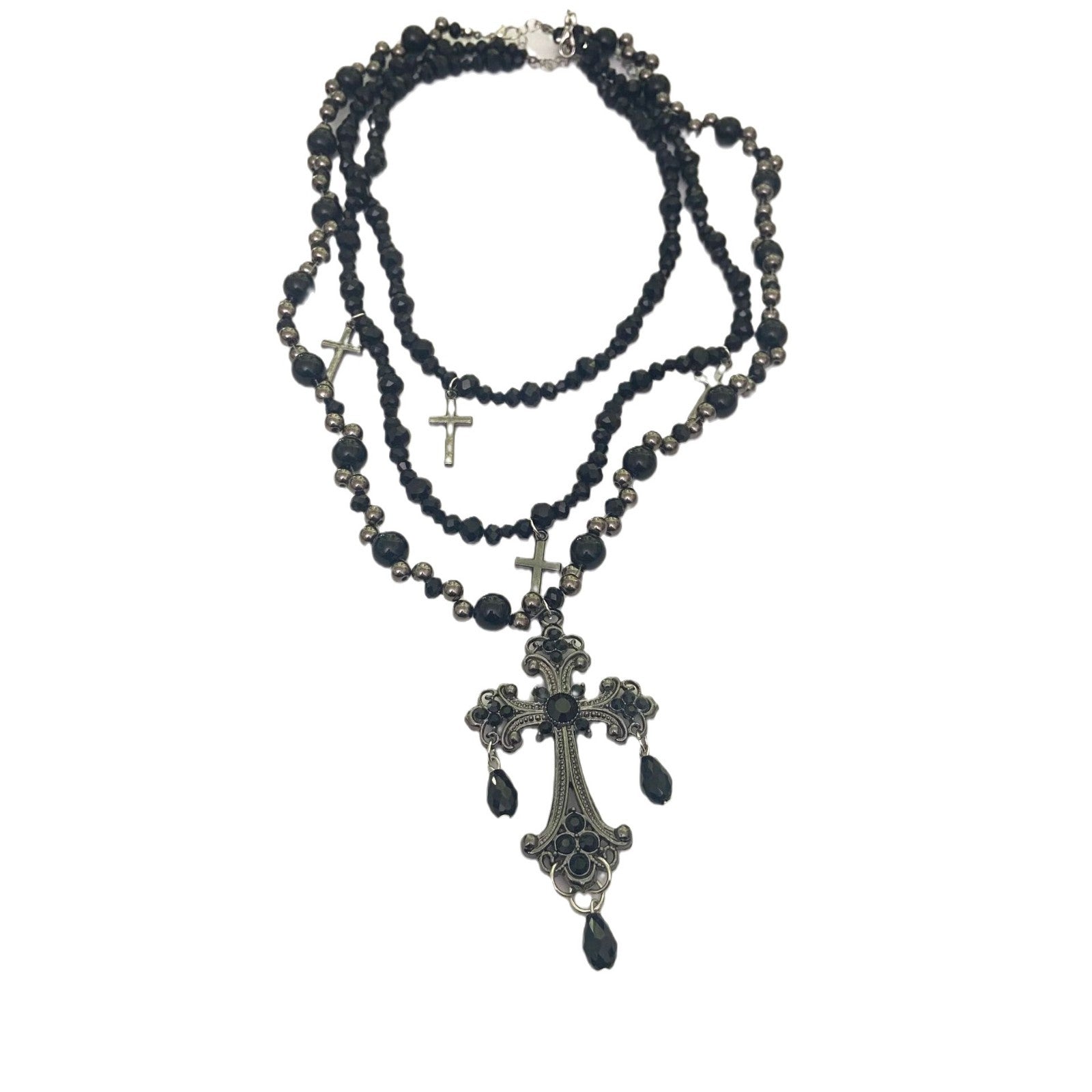 Black Beaded Gothic Cross Rosary Layered Necklace, 6170cm