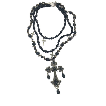 Black Beaded Gothic Cross Rosary Layered Necklace, 6170cm