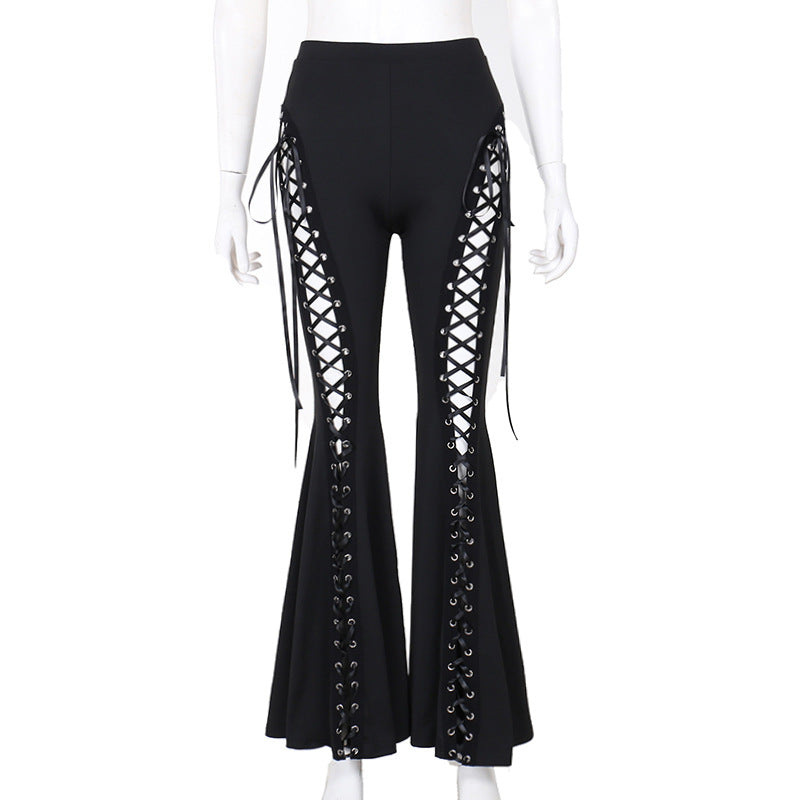 Black Lace-Up Flare Pants  Gothic Eyelet High-Waist