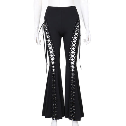 Black Lace-Up Flare Pants  Gothic Eyelet High-Waist