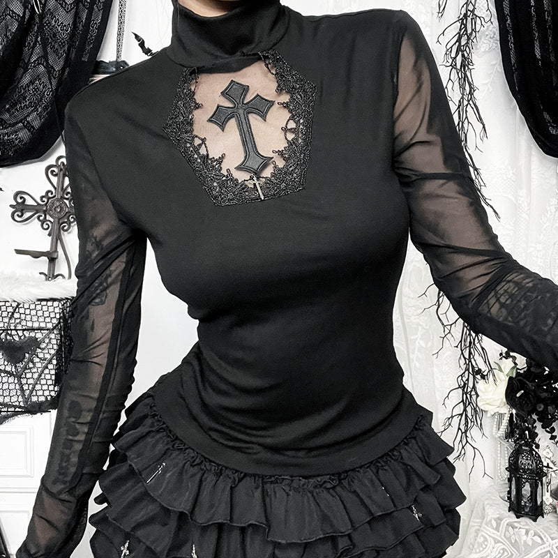 Black Lace Mesh Cross High-Neck Long-Sleeve Top  Gothic