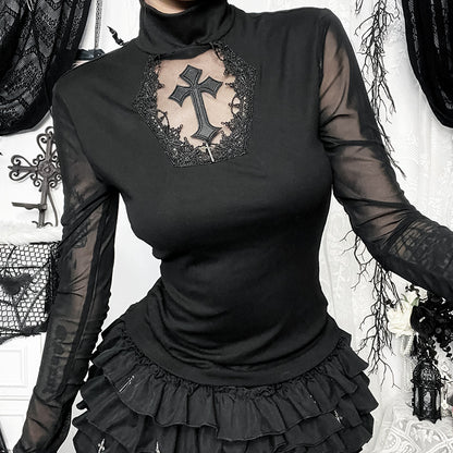 Black Lace Mesh Cross High-Neck Long-Sleeve Top  Gothic
