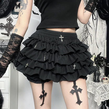 Black Ruffle Mini Skirt – Gothic Tiered with Cross Charms