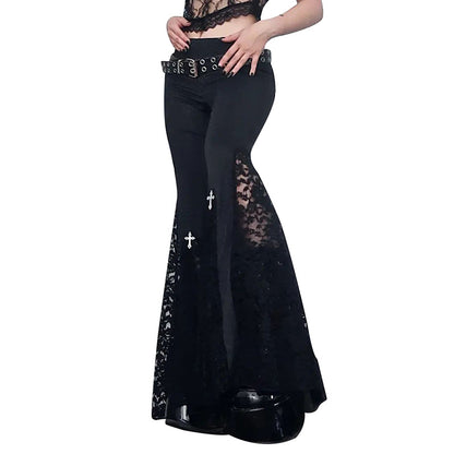 Black Lace Insert Flare Pants – Gothic High-Waist Cross