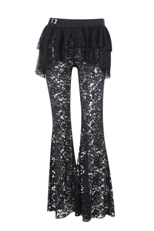 Black sequin pants with a ruffled top on a white background