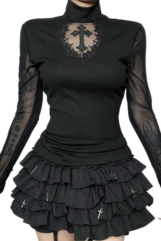 Black Lace Mesh Cross High-Neck Long-Sleeve Top  Gothic