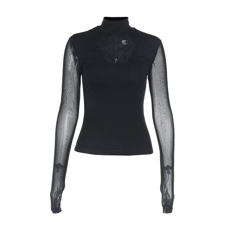 Black Lace Mesh Cross High-Neck Long-Sleeve Top  Gothic
