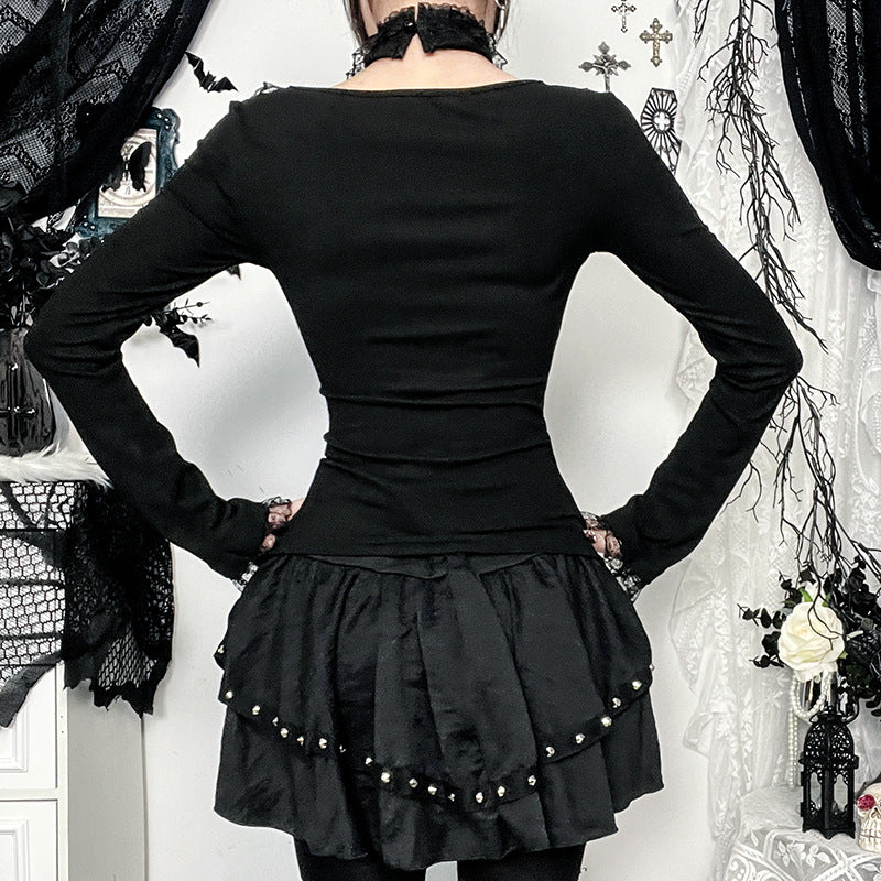 Ruffled Lace Corset Long Sleeve Top Choker  Black