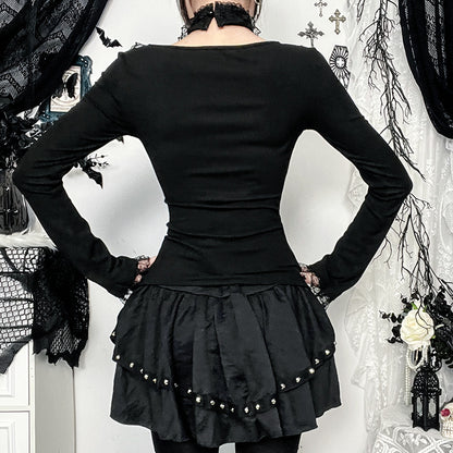 Ruffled Lace Corset Long Sleeve Top Choker  Black