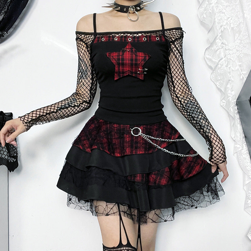 Gothic-style outfit with black top and skirt featuring red plaid patterns on a white background.