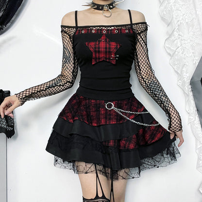 Gothic-style outfit with black top and skirt featuring red plaid patterns on a white background.
