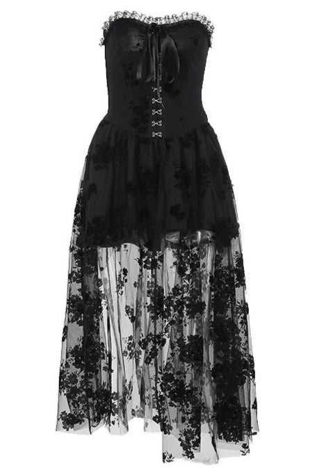 Black strapless dress with floral embroidery on a white background