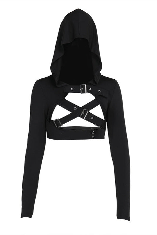 Black hoodie with cut-out design and buckles on a white background