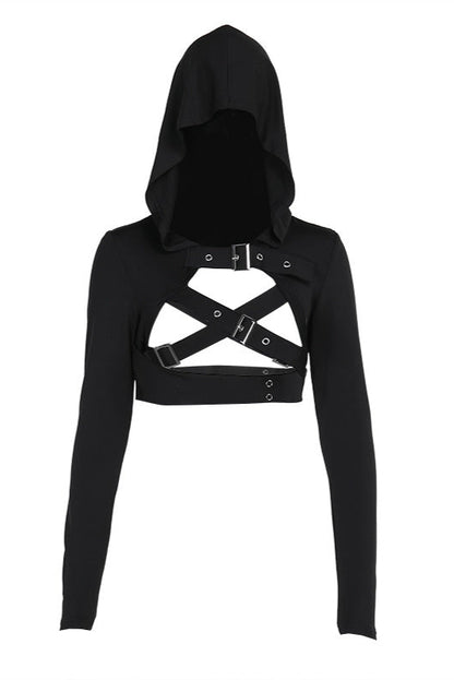 Black hoodie with cut-out design and buckles on a white background