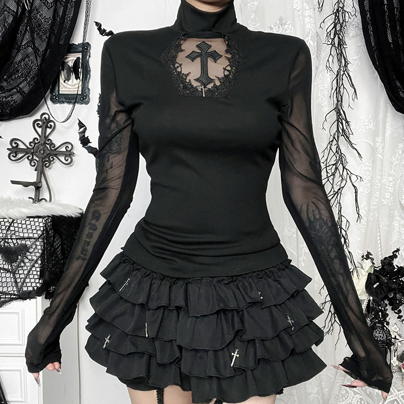 Black Lace Mesh Cross High-Neck Long-Sleeve Top  Gothic