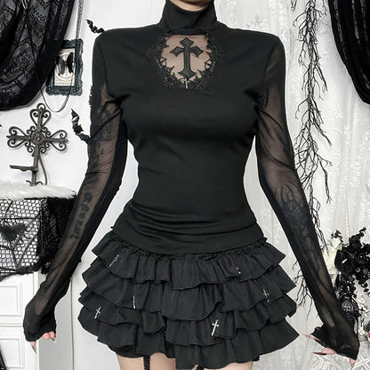Black Lace Mesh Cross High-Neck Long-Sleeve Top  Gothic