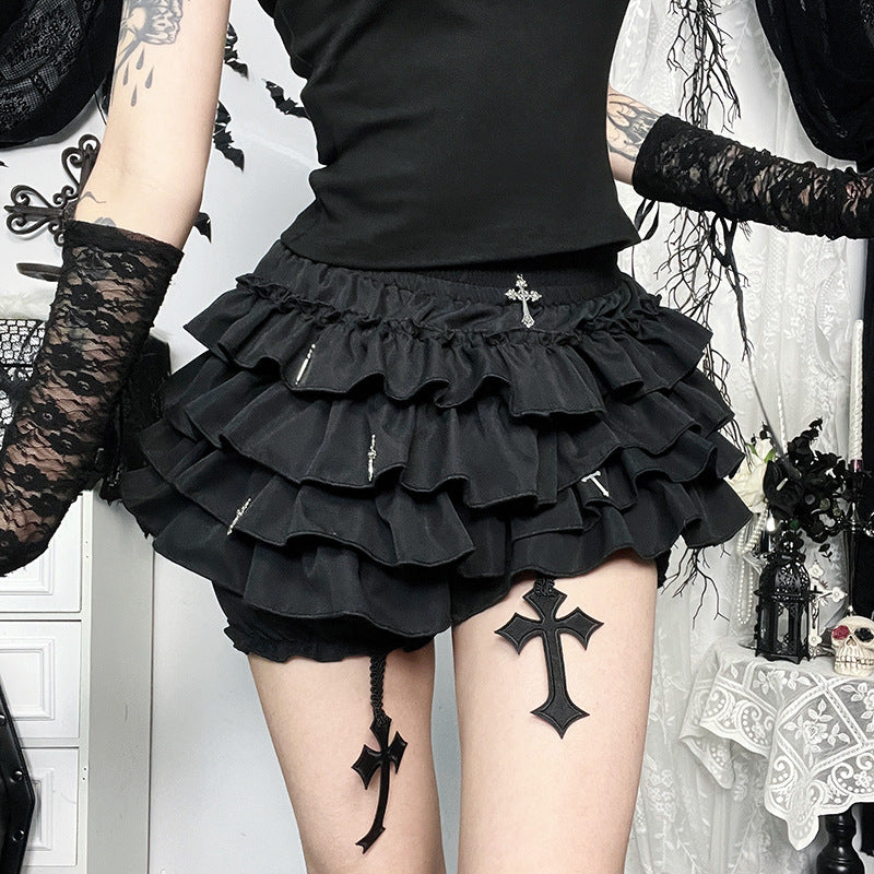 Black Ruffle Mini Skirt – Gothic Tiered with Cross Charms