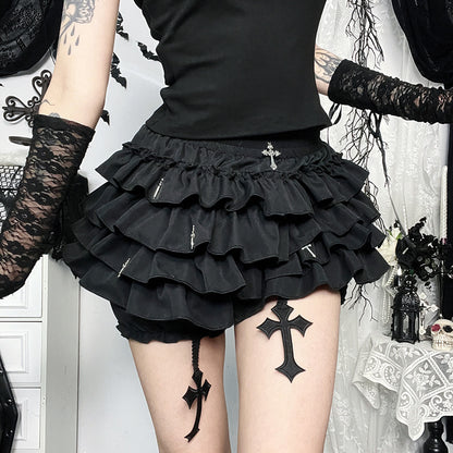 Black Ruffle Mini Skirt – Gothic Tiered with Cross Charms