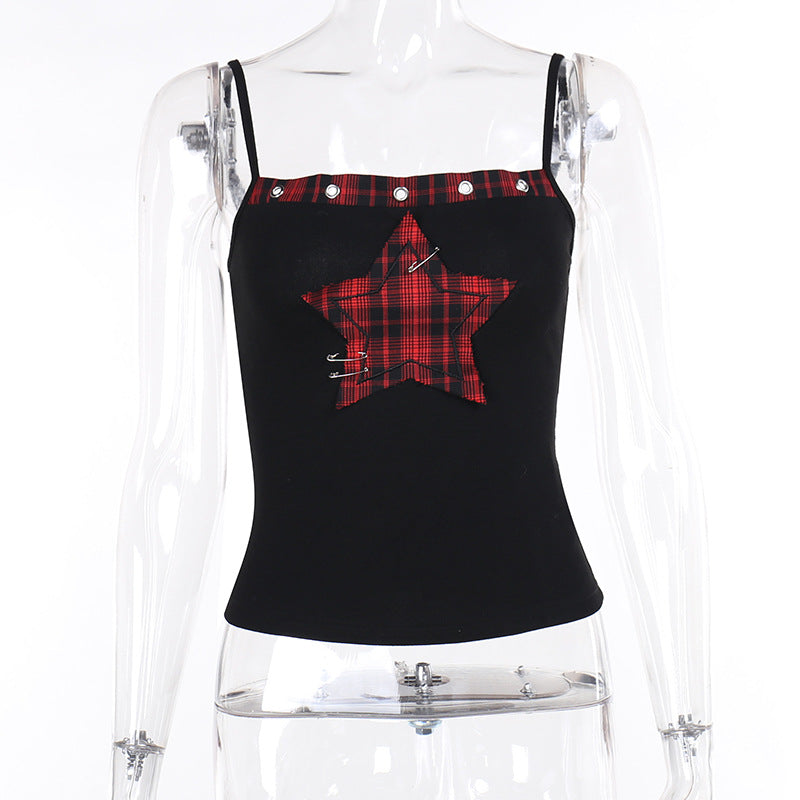 Black tank top with red plaid star design on a mannequin against a white background