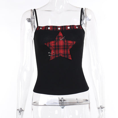 Black tank top with red plaid star design on a mannequin against a white background