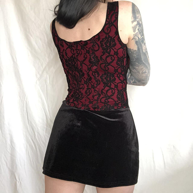 Red-Black Lace-Up Jacquard Corset Cami  Gothic Top