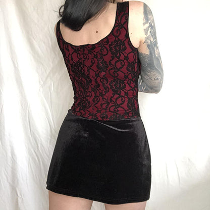 Red-Black Lace-Up Jacquard Corset Cami  Gothic Top