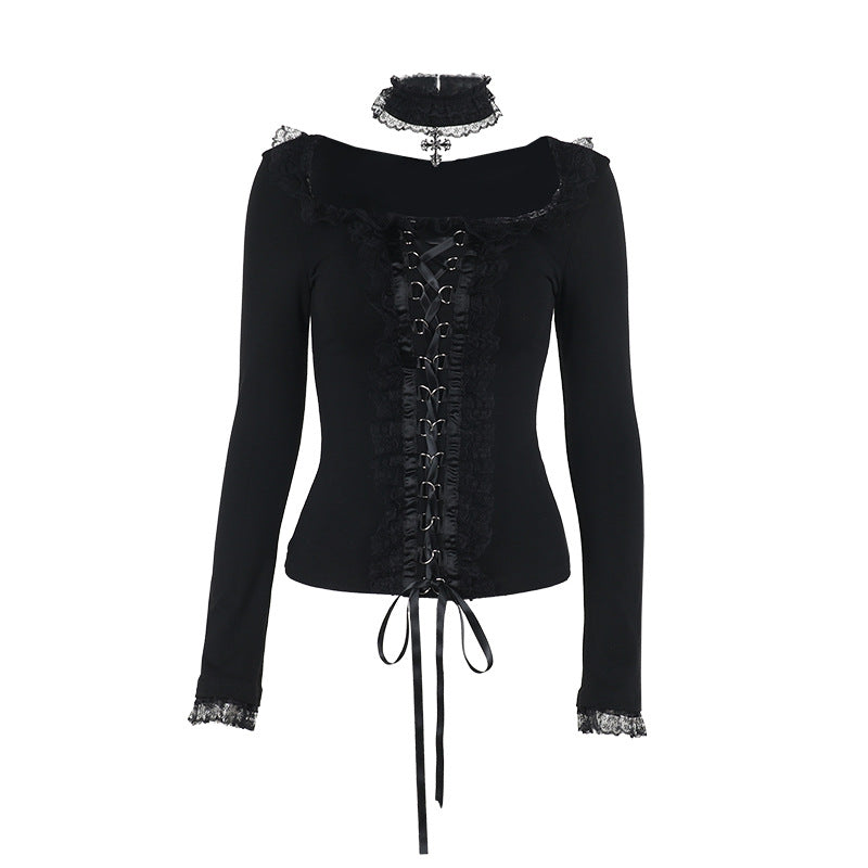 Ruffled Lace Corset Long Sleeve Top Choker  Black