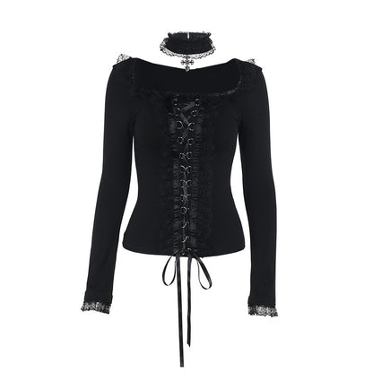 Ruffled Lace Corset Long Sleeve Top Choker  Black