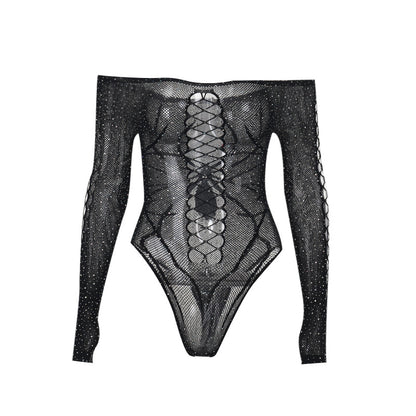 Black Rhinestone Mesh Bodysuit  Spiderweb Cutout Gothic Top