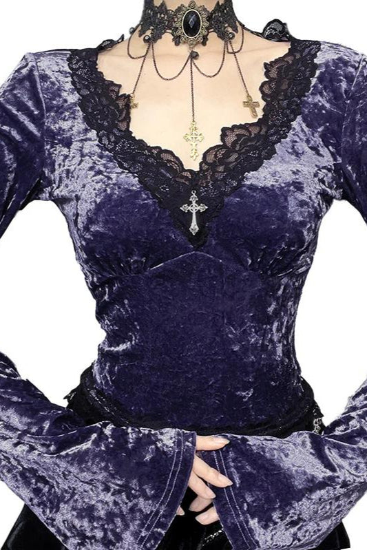 Purple velvet top with lace details on a white background