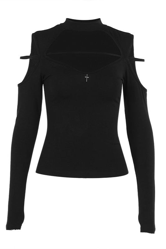 Black long-sleeve top with cut-out shoulders on a white background