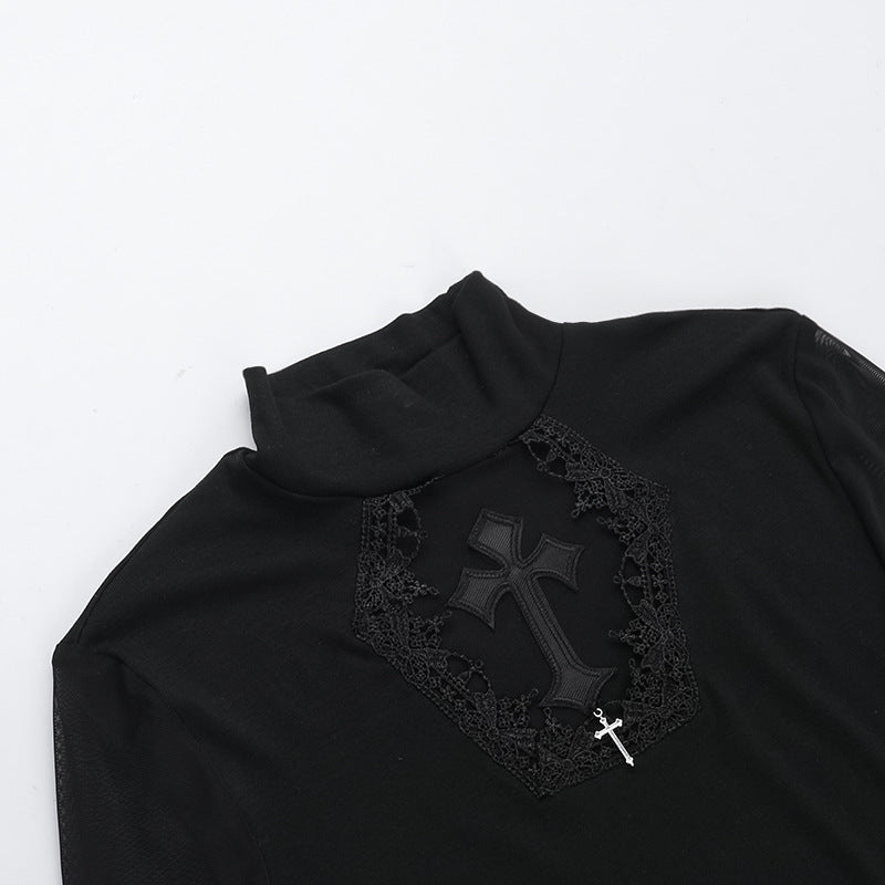 Black Lace Mesh Cross High-Neck Long-Sleeve Top  Gothic