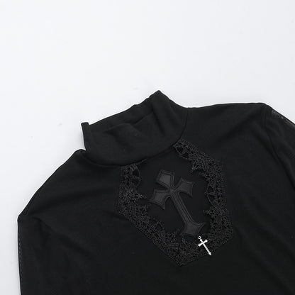 Black Lace Mesh Cross High-Neck Long-Sleeve Top  Gothic