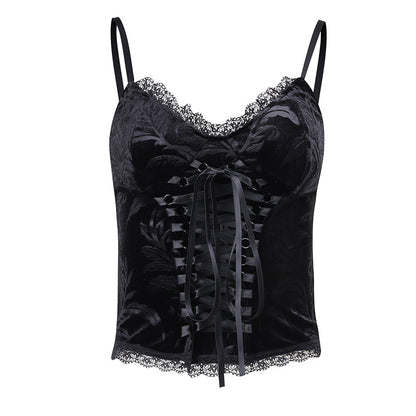 Velvet Lace Corset Cami  Black Gothic Bustier Top