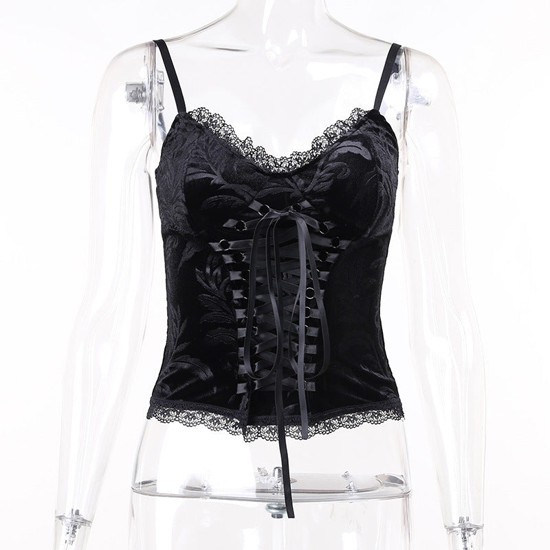 Velvet Lace Corset Cami  Black Gothic Bustier Top