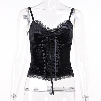 Velvet Lace Corset Cami  Black Gothic Bustier Top