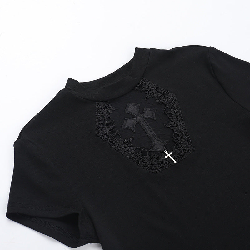 Black t-shirt with lace detailing and cross design on a white background