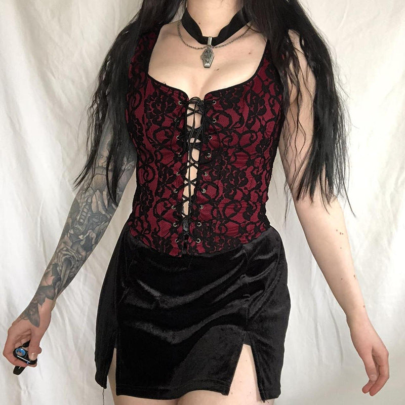 Red-Black Lace-Up Jacquard Corset Cami  Gothic Top