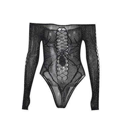 Black Rhinestone Mesh Bodysuit  Spiderweb Cutout Gothic Top