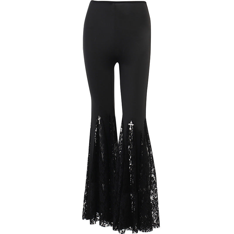 Black Lace Insert Flare Pants – Gothic High-Waist Cross