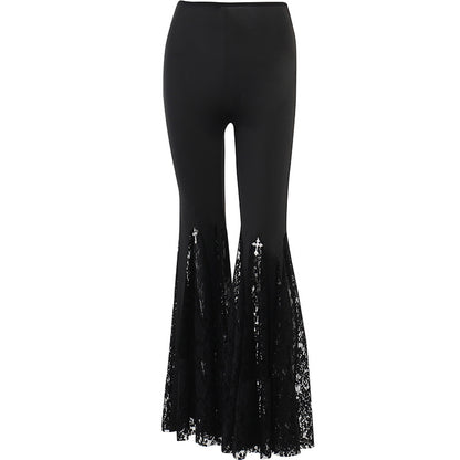 Black Lace Insert Flare Pants – Gothic High-Waist Cross