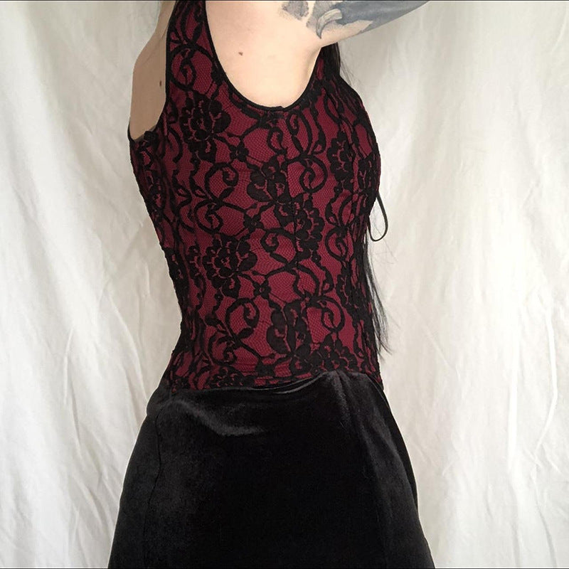 Red-Black Lace-Up Jacquard Corset Cami  Gothic Top