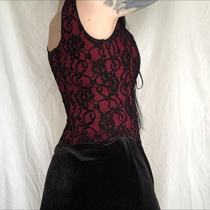 Red-Black Lace-Up Jacquard Corset Cami  Gothic Top