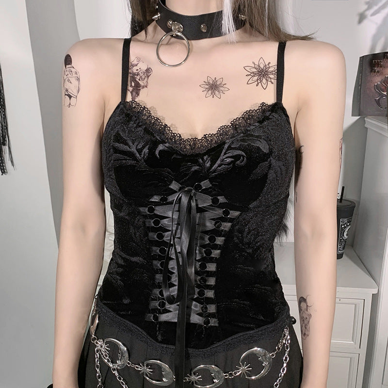 Velvet Lace Corset Cami  Black Gothic Bustier Top